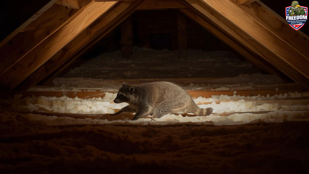 Nocturnal raccoon scratching inside a home attic at night, showing a common cause of scratching sounds in Knightdale, NC attics.