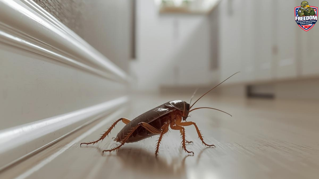 Hyper-realistic close-up of a cockroach on a clean kitchen floor near a baseboard in a Knightdale, NC home.