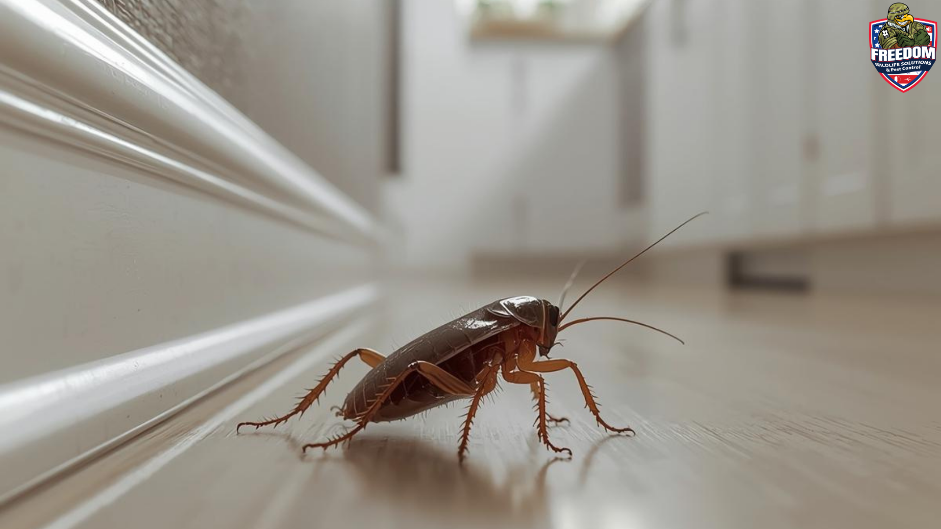 Hyper-realistic close-up of a cockroach on a clean kitchen floor near a baseboard in a Knightdale, NC home.