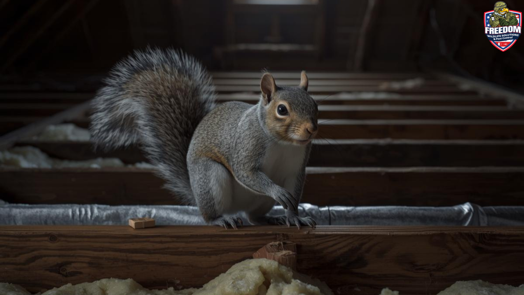 Gray squirrel standing on attic beams near insulation inside a residential home, a common wildlife problem in Knightdale, NC.