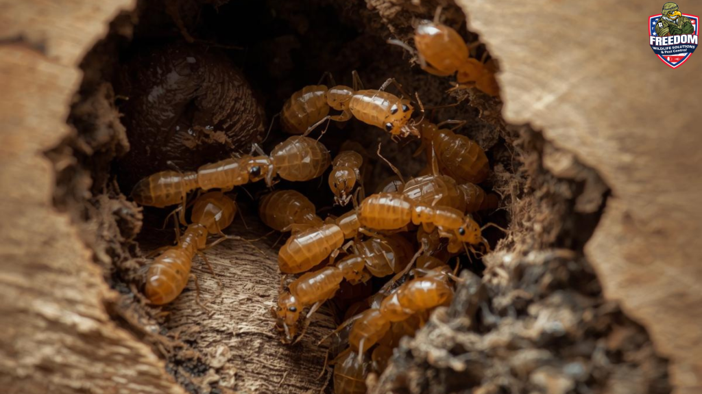 Termite-damaged wood with visible tunnels and mud tubes, a common sign of termite activity in North Carolina homes.