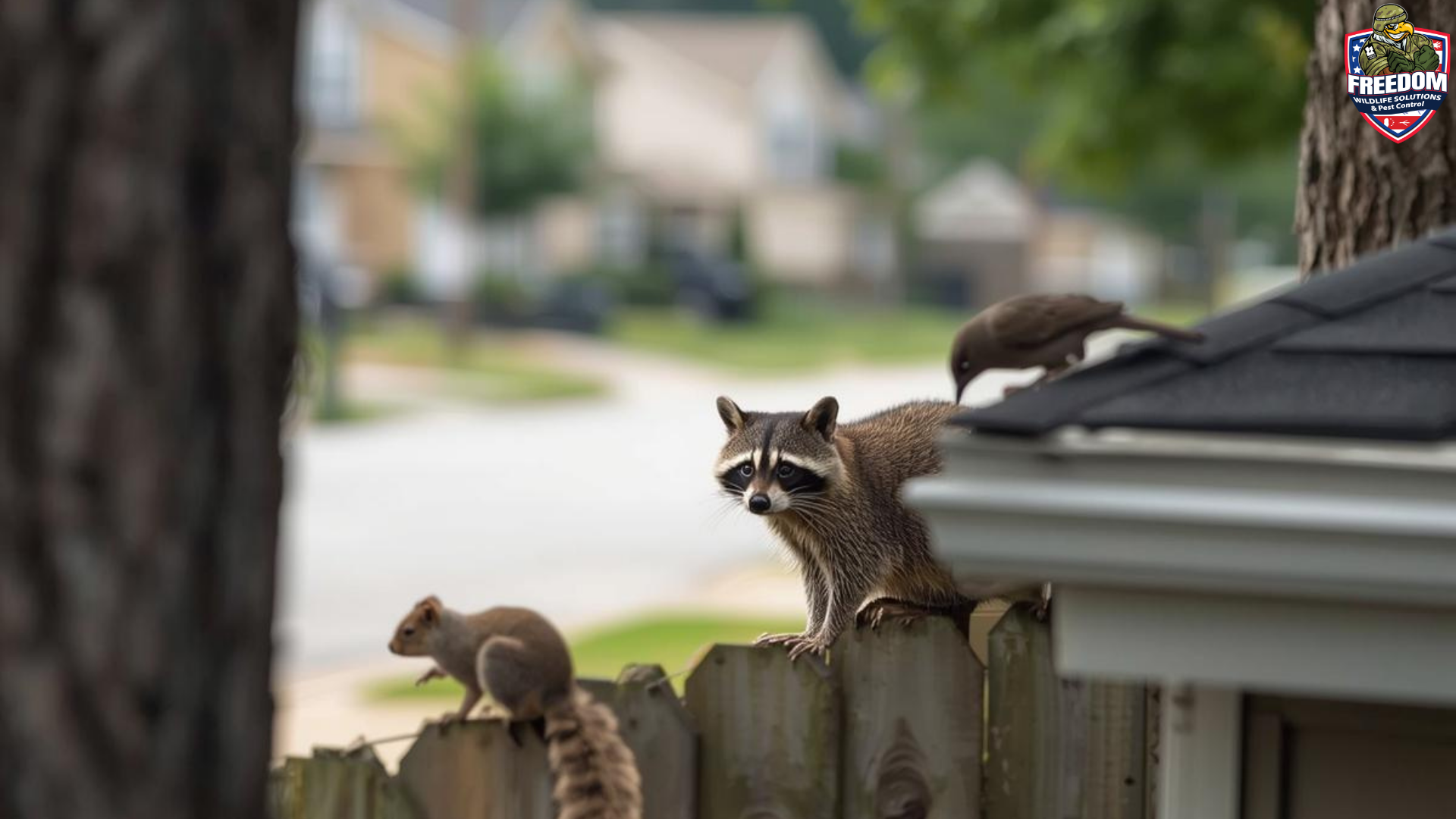 Raccoon and squirrel near homes in a Knightdale, NC neighborhood, showing common wildlife activity in fast-growing residential areas.